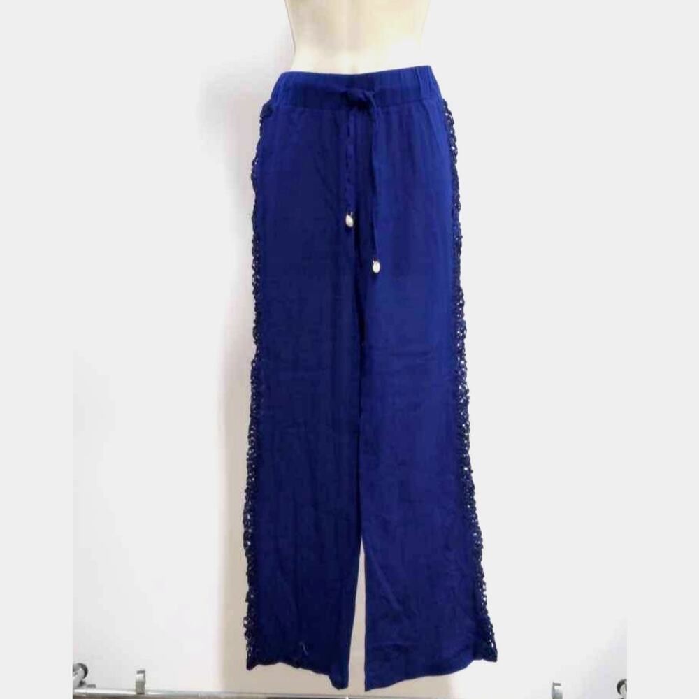 Ellen Weaver Womens M Palazzo Pants Royal Blue Elastic Waist Lace Side Seam New